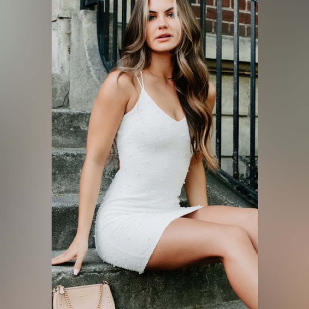 Time Of Our Lives Beaded Mesh Backless Mini Dress (White)